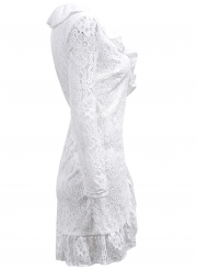 Lace V Neck Long Sleeve Wrap Slim Irregular Solid Dress