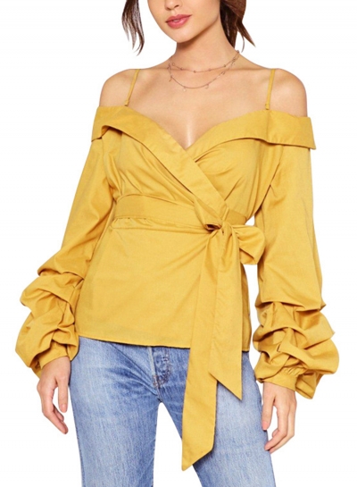 Spaghetti strap Off Shoulder V Neck Ruffle Sleeve Bow Tie Blouse YOUYOUFASHIONEC.com