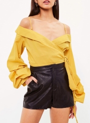 Spaghetti strap Off Shoulder V Neck Ruffle Sleeve Bow Tie Blouse