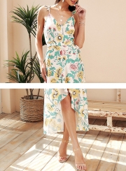 Summer Sexy Floral Print Spaghetti Strap High Waist High Low Dress