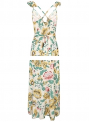 Summer Sexy Floral Print Spaghetti Strap High Waist High Low Dress