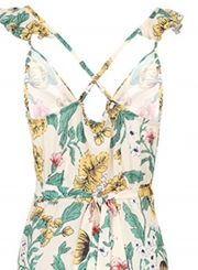 Summer Sexy Floral Print Spaghetti Strap High Waist High Low Dress