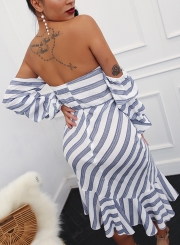 Sexy Striped Backless Off The Shoulder Long Sleeve Slim Dress