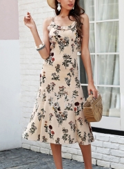 Floral Print Spaghetti Strap Round Neck Backless Swing Dress