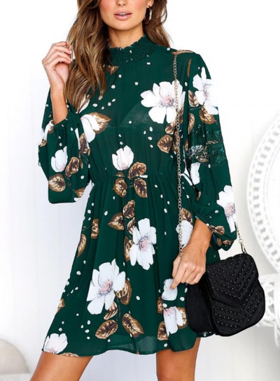 Floral Print High Neck Lantern Sleeve Elastic Waist Dress LEXELFASHIONINTSHOPS.com