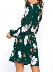 Floral Print High Neck Lantern Sleeve Elastic Waist Dress