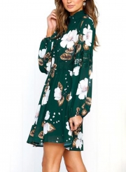 Floral Print High Neck Lantern Sleeve Elastic Waist Dress