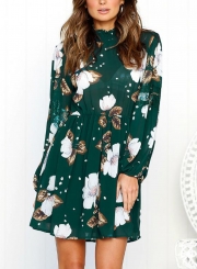 Floral Print High Neck Lantern Sleeve Elastic Waist Dress