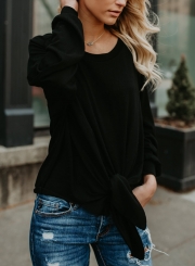 Casual Round Neck Long Sleeve Bow Tie Loose Blouse