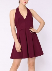 Summer Halter V Neck Sleeveless Backless Solid Color A-line Mini Dress