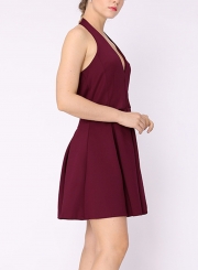 Summer Halter V Neck Sleeveless Backless Solid Color A-line Mini Dress