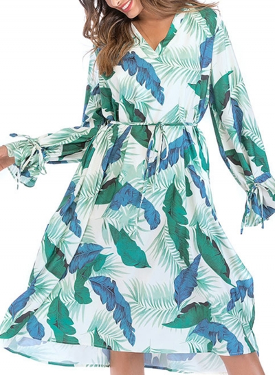 Leaf Print V Neck Long Sleeve Loose Maxi Dress With Belt YOUYOUFASHIONEC.com