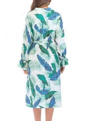 Leaf Print V Neck Long Sleeve Loose Maxi Dress With Belt