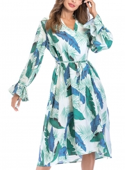 Leaf Print V Neck Long Sleeve Loose Maxi Dress With Belt