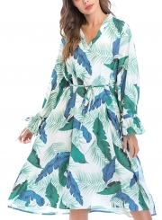 Leaf Print V Neck Long Sleeve Loose Maxi Dress With Belt