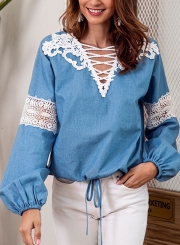 Lantern  Sleeve Criss Cross V Neck Lace Hollow Out Denim Blouse