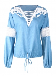 Lantern  Sleeve Criss Cross V Neck Lace Hollow Out Denim Blouse