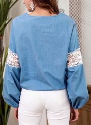 Lantern  Sleeve Criss Cross V Neck Lace Hollow Out Denim Blouse