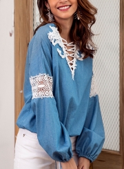 Lantern  Sleeve Criss Cross V Neck Lace Hollow Out Denim Blouse