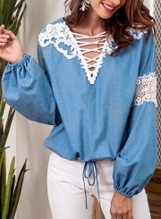 Lantern  Sleeve Criss Cross V Neck Lace Hollow Out Denim Blouse