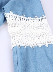 Lantern  Sleeve Criss Cross V Neck Lace Hollow Out Denim Blouse