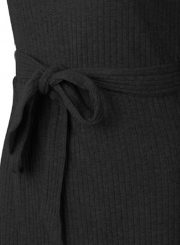 Irregular Round Neck Short Sleeve Waist Tie Solid Color Dress