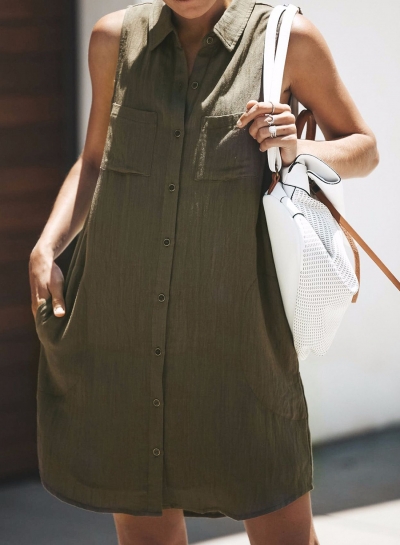 Summer Loose Turn-Down Collar Button Down Dress With Pockets