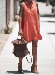 Summer Loose Turn-Down Collar Button Down Dress With Pockets