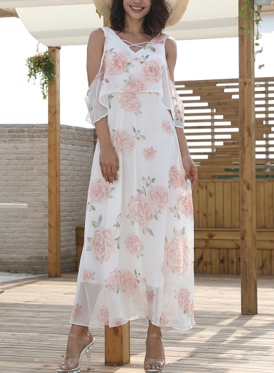 White Chiffon Sexy Floral Print V Neck High Waist Swing Maxi Dress YOUYOUFASHIONEC.com