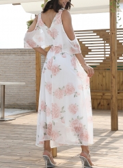 White Chiffon Sexy Floral Print V Neck High Waist Swing Maxi Dress