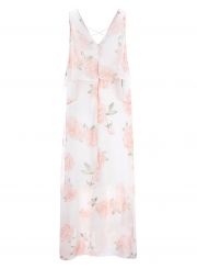 White Chiffon Sexy Floral Print V Neck High Waist Swing Maxi Dress