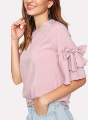 Casual Flare Sleeve Round Neck Loose Solid Color Blouse With Bow