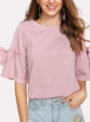 Casual Flare Sleeve Round Neck Loose Solid Color Blouse With Bow