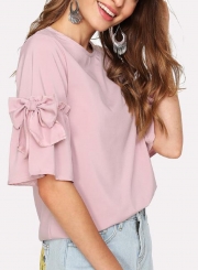 Casual Flare Sleeve Round Neck Loose Solid Color Blouse With Bow