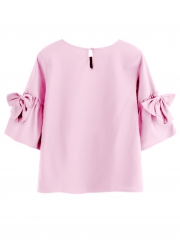 Casual Flare Sleeve Round Neck Loose Solid Color Blouse With Bow