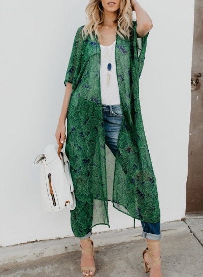 Chiffon Leaf Print Half Sleeve Open Front Loose Kimono Cardigan