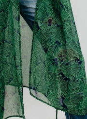 Chiffon Leaf Print Half Sleeve Open Front Loose Kimono Cardigan