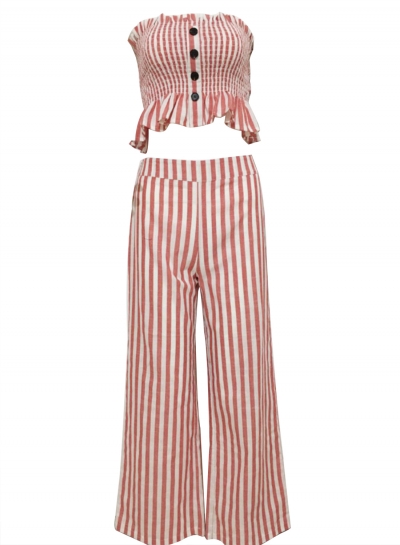 2 Piece Striped Chest Wrapped Crop Top Wide Leg Pants YOUYOUFASHIONEC.com