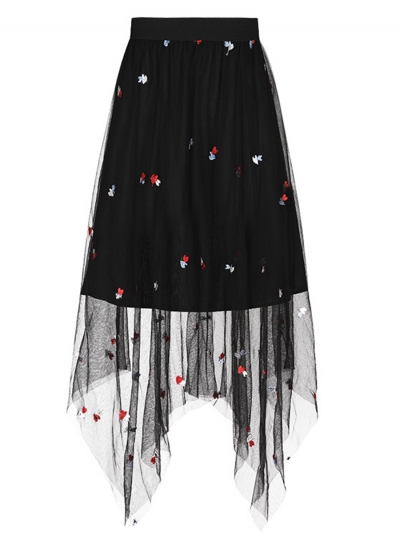 Casual Embroidered Elastic Waist Irregular Mesh Skirt STYLESIMO.com