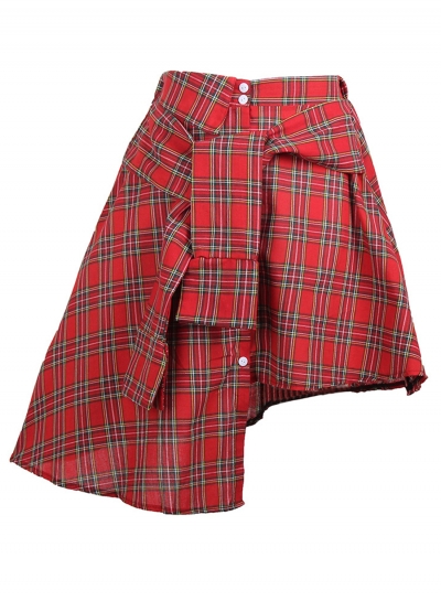 Casual Elastic Waist Button Down Irregular Plaid Skirt STYLESIMO.com