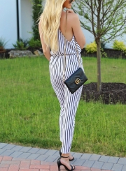 Summer Slim Striped Sleeveless V Neck Jumpsuit With Drawstring