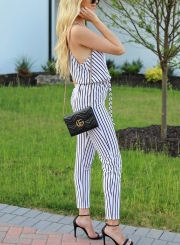 Summer Slim Striped Sleeveless V Neck Jumpsuit With Drawstring