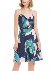 Floral Print Spaghetti Strap V Neck Backless Bow A-line Midi Dress