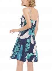 Floral Print Spaghetti Strap V Neck Backless Bow A-line Midi Dress