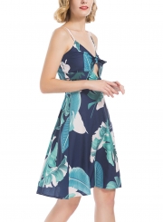 Floral Print Spaghetti Strap V Neck Backless Bow A-line Midi Dress