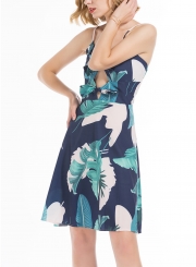 Floral Print Spaghetti Strap V Neck Backless Bow A-line Midi Dress