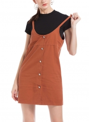 Casual Single-Breasted Solid Color A-line Loose Suspender Dress