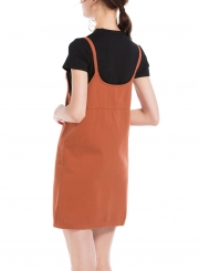 Casual Single-Breasted Solid Color A-line Loose Suspender Dress