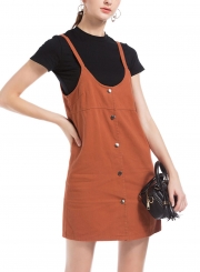 Casual Single-Breasted Solid Color A-line Loose Suspender Dress