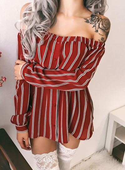 Sexy Striped Off Shoulder Long Sleeve Loose Mini Dress STYLESIMO.com